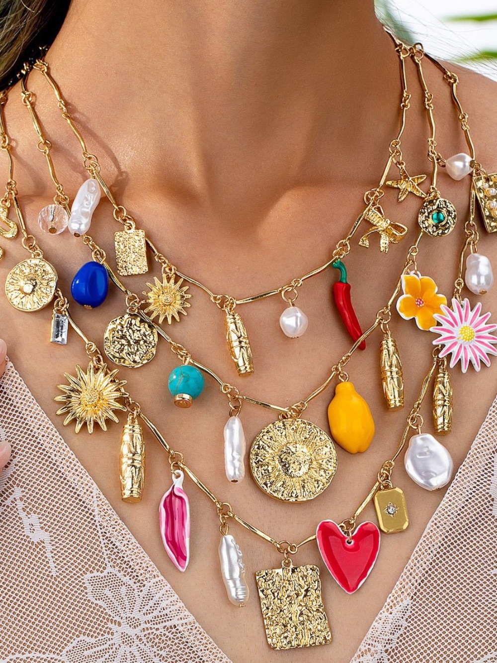 Gold Multi-Charm Colorful Pendant Necklace - Vibrant Mixed Charms
